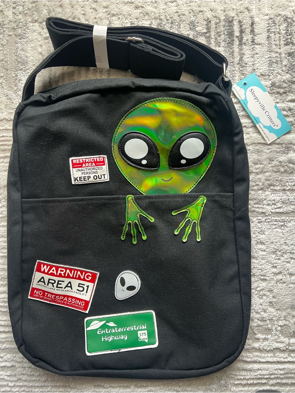 Area 51 Black Alien Patch Crossbody Bag - Playful Graphic Shoulder Bag